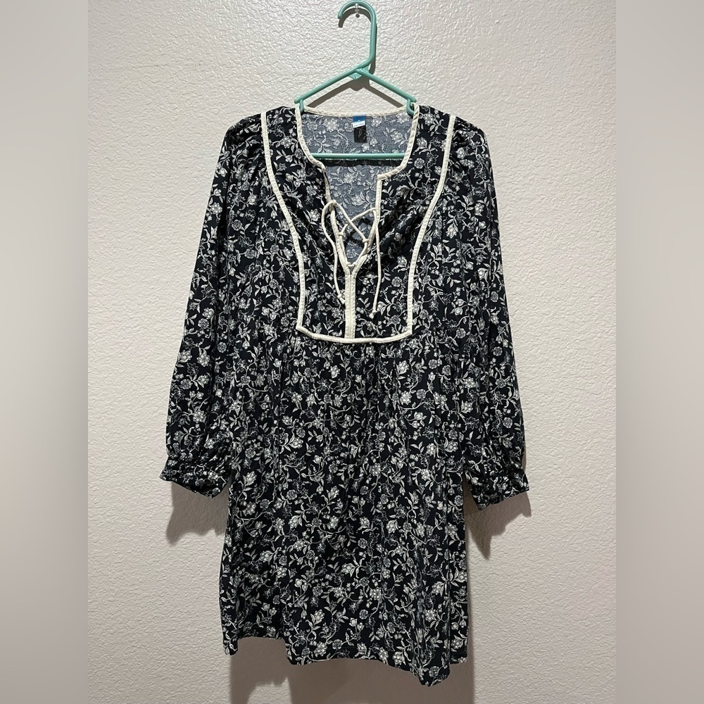 Boho Mini Dress Black Floral Long Balloon Sleeves Lace Up Sz M minimalist TC0453